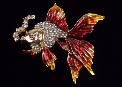 Mint Enameled Rhinestone Goldfish Brooch