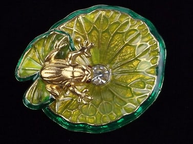 Mint Enameled Rhinestone Frog On Lilly Pad Brooch