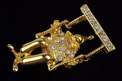 New Vintage Rhinestone Clown On Swing Brooch