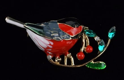 Mint Enameled Rhinestone Bird Brooch