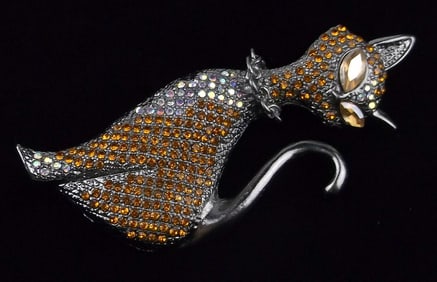 Mint Enameled Rhinestone Cat Brooch