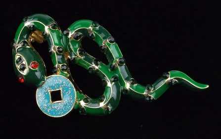Mint Enameled Rhinestone Snake Coin Brooch