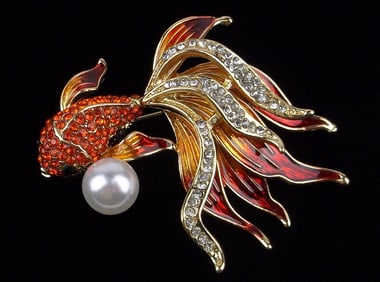 Mint Enameled Rhinestone Goldfish Brooch