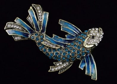 Mint Enameled Rhinestone Koi Fish Brooch