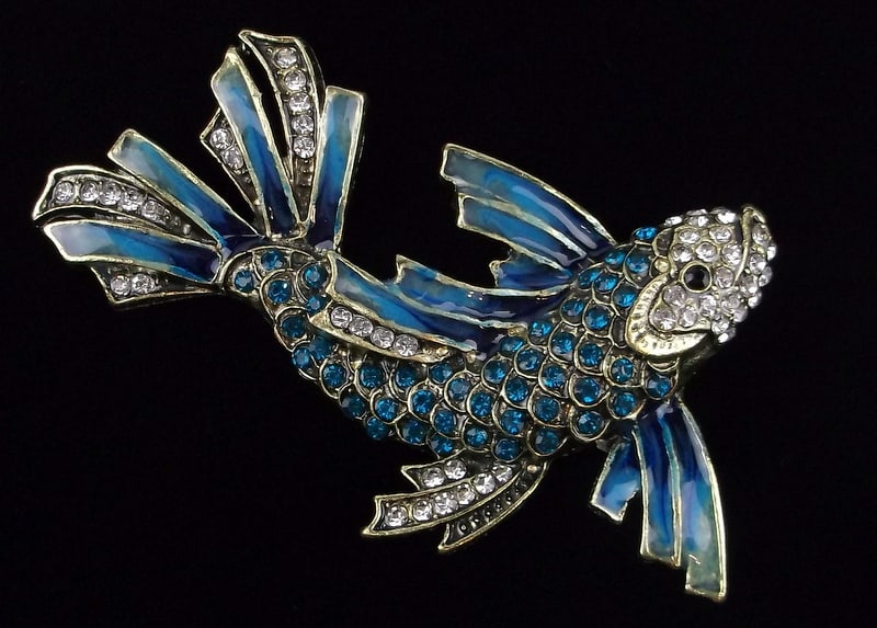 Mint Enameled Rhinestone Koi Fish Brooch: Mint Condition, In Like New Condition, Perfect