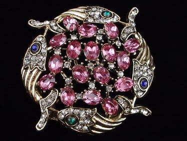 Big Mint Enameled Rhinestone Circling Koi Fish Brooch