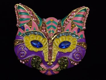 Big Mint Enameled Rhinestone Cat Mask Brooch