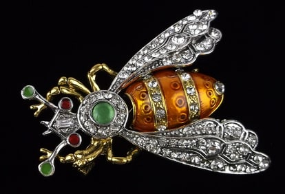 Big Mint Enameled Rhinestone Bee Insect Brooch