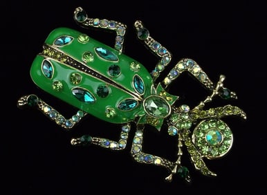 Big Mint Enameled Rhinestone Beetle Brooch
