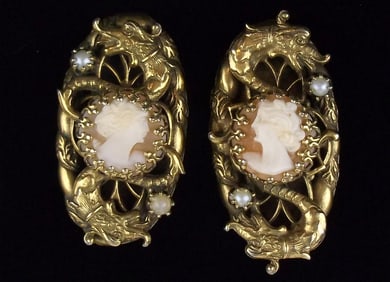 Huge Ends Mint 1910s Double Dragon Shell Cameo Earrings