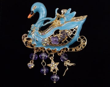 Big Mint Enameled Rhinestone Fairy Swanship Brooch