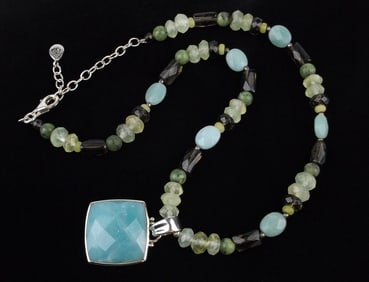 Mint Barse Sterling Silver Larimar Jadeite Peridot Necklace 19"