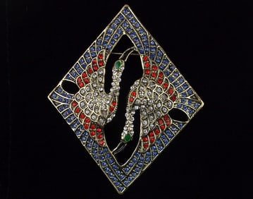 Big Mint Enameled Rhinestone Deco Double Crane Brooch