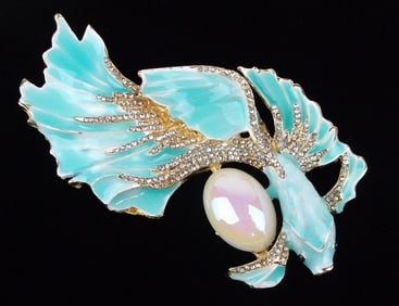 Big Mint Enameled Jelly Belly Rhinestone Goldfish Brooch