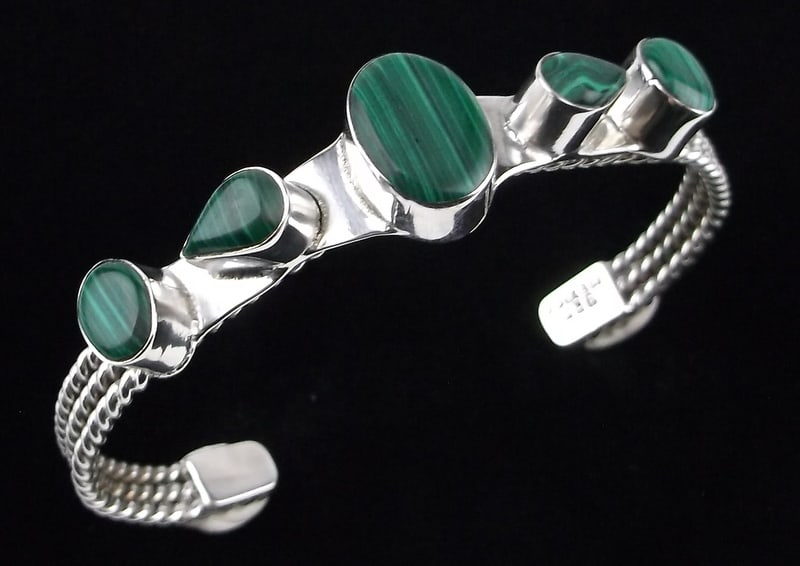 Mint Thick Heavy Vint Taxco Sterling Malachite Cuff Bracelet 8" (1 of 7)