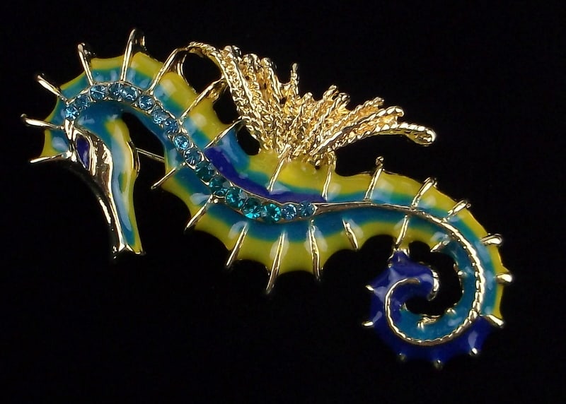Mint Enameled Rhinestone Seahorse Brooch Life Size