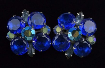 Stunning Big Vintage 1950s Rhinestone Earrings Set Cobalt Blue