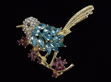Mint Enameled Rhinestone Bird Brooch