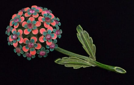 Stunning Vintage 1960s Enameled Rhinestone Flower Brooch