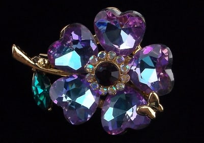 Mint Enameled Rhinestone Butterfly On Flower Brooch
