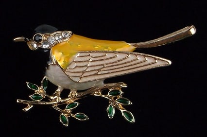 Mint Enameled Rhinestone Bird Brooch
