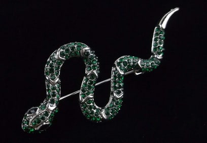 Mint Enameled Rhinestone Snake Brooch
