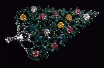 Mint Enameled Rhinestone Christmas Tree Brooch