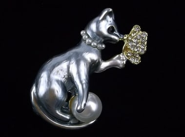 Mint Enameled Rhinestone Cat Butterfly Brooch