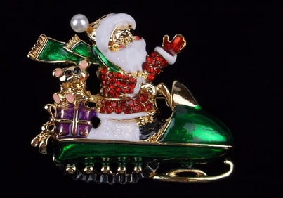 Mint Rhinestone Santa Christmas Snow Machine Brooch