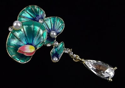 Mint Enameled Rhinestone Water Lilly Pad Brooch