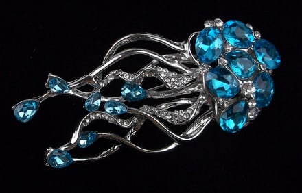 Mint Enameled Rhinestone Jellyfish Brooch