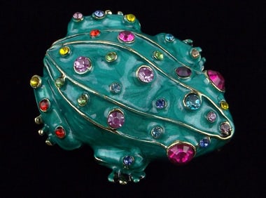 Big Mint Enameled Rhinestone Frog Toad Brooch