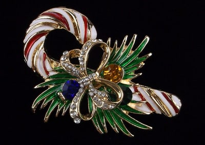 Mint Enameled Rhinestone Candy Cane Christmas Brooch