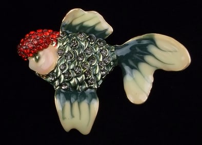 Mint Enameled Rhinestone Goldfish Brooch