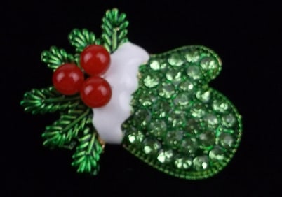 Mint Enameled Rhinestone Glove Christmas Brooch Mitten