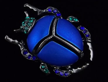 Mint Enameled Rhinestone Scarab Beetle Brooch