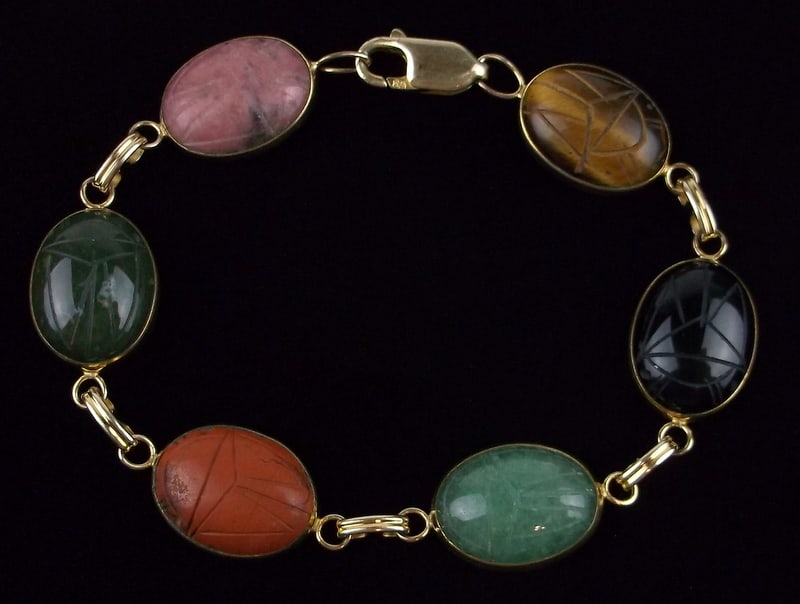 Mint Vint 1960s 14kt GF Jade Jasper Scarab Beetle Bracelet 7.5": Mint Condition, In Like New Condition, Perfect