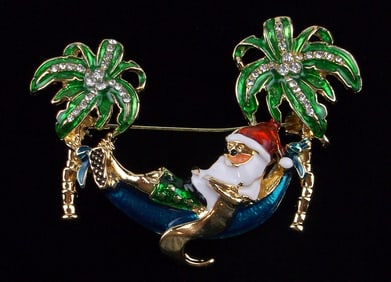 Mint Enameled Rhinestone Santa Christmas Vacation Brooch