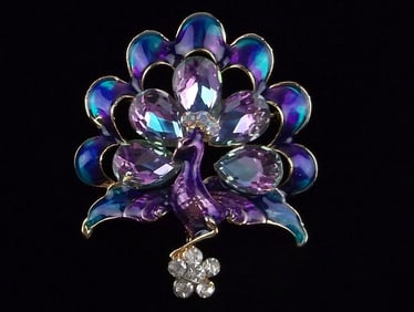 Mint Enameled Rhinestone Peacock Brooch