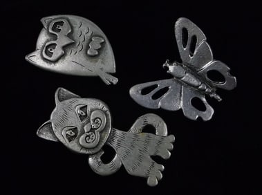 Gorgeous Vint 1970s Metzke Cat Owl Butterfly Brooch Lot