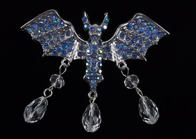 Big Mint Enameled Rhinestone Bat Brooch