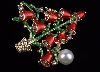 Mint Enameled Rhinestone Bells Christmas Tree Brooch