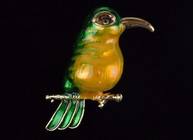 Mint Enameled Rhinestone Tropical Bird Brooch