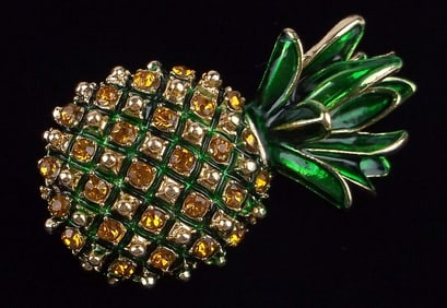 Mint Enameled Rhinestone Pineapple Fruit Brooch