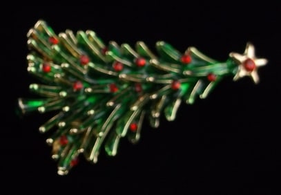 Mint Enameled Rhinestone Christmas Tree Brooch