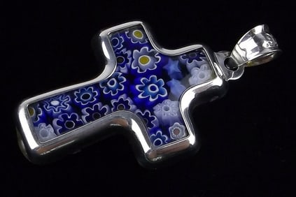 Mint Vintage Sterling Silver Mosaic Glass Cross Pendant