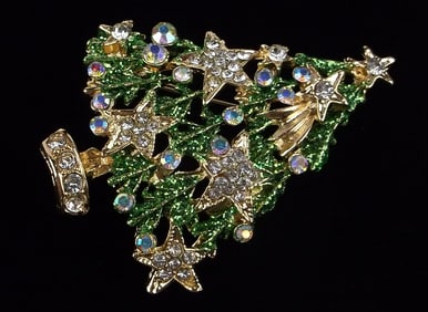 Mint Enameled Rhinestone Christmas Tree Brooch