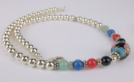 Mint Vint Sterling Silver Jade Gem Cloisonne Ball Necklace 16"