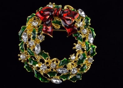 Mint Enameled Rhinestone Bow Christmas Wreath Brooch