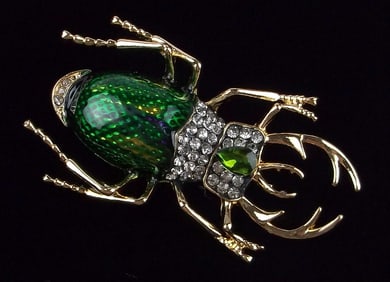 Mint Enameled Rhinestone Beetle Insect Brooch